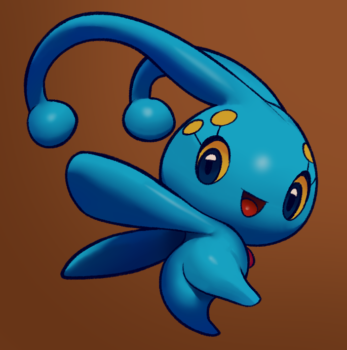 animal_focus ass blue_eyes brown_background colored_sclera commentary from_behind full_body happy inkune looking_at_viewer looking_back manaphy no_humans open_mouth pokemon pokemon_(creature) simple_background smile solo yellow_sclera