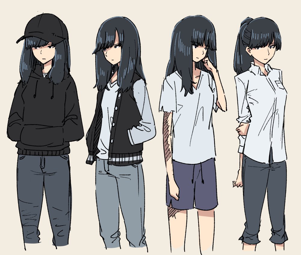 1girl amamiya_yumi beige_background black_hair burn_scar casual collared_shirt covered_eyes expressions hair_over_eyes hair_over_one_eye hood hoodie jacket long_hair nerdy_girl's_story pants scar shirt shorts simple_background solo urin