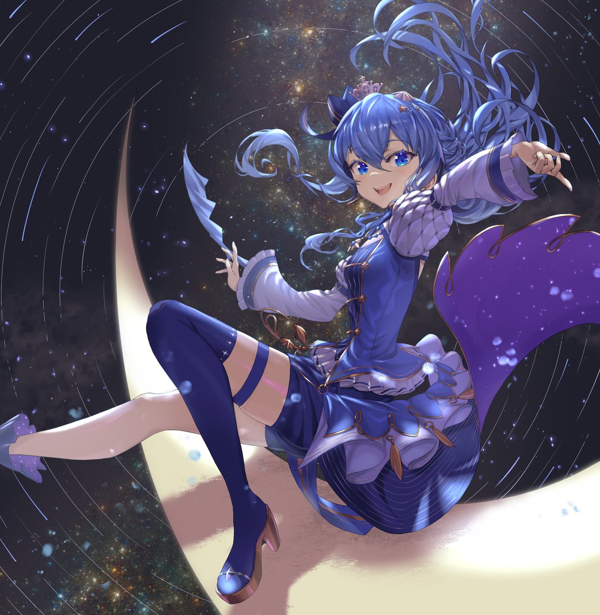 1girl alternate_costume asymmetrical_footwear asymmetrical_legwear atatatatame01 blue_dress blue_eyes blue_footwear blue_hair blue_legwear blue_ribbon blue_shorts blush boots breasts coattails commentary crescent_moon crown dress eyebrows_visible_through_hair floating_hair foot_out_of_frame frilled_sleeves frills gold_trim hair_between_eyes hair_ornament hair_ribbon high_heel_boots high_heels highres hololive hoshimachi_suisei jewelry long_hair long_sleeves looking_at_viewer mini_crown moon necklace open_mouth outstretched_arm outstretched_hand ribbon shooting_star short_shorts shorts single_thigh_boot sitting_on_moon skindentation sky small_breasts smile solo space star_(sky) star_(symbol) star_hair_ornament star_in_eye starry_sky striped striped_ribbon symbol_in_eye tassel thigh_boots thigh_strap thighhighs virtual_youtuber