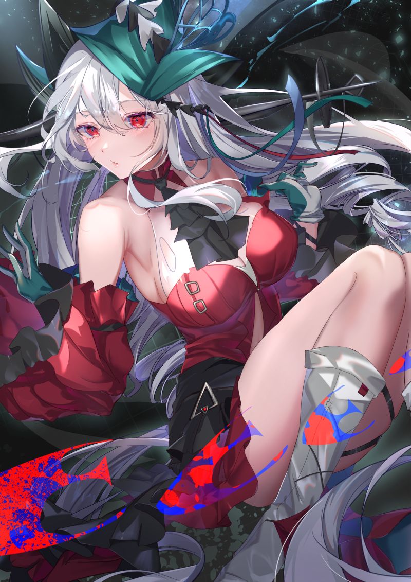 1girl abstract_background aqua_headwear arknights ascot bangs bare_shoulders black_neckwear boots breasts center_opening closed_mouth detached_sleeves dress eyebrows_visible_through_hair fish knee_boots large_breasts light_particles lipstick long_hair long_sleeves looking_away looking_to_the_side makeup mizurapi red_dress red_eyes short_dress silver_hair skadi_(arknights) skadi_the_corrupting_heart_(arknights) skindentation solo two-tone_gloves very_long_hair white_footwear