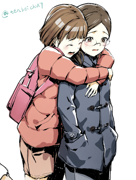 2girls backpack bag brown_eyes brown_hair coat crying glasses hands_in_pockets hug hug_from_behind jacket multiple_girls piza_rokumai short_hair sora_yori_mo_tooi_basho takahashi_megumi tamaki_mari tears upper_body white_background winter_clothes