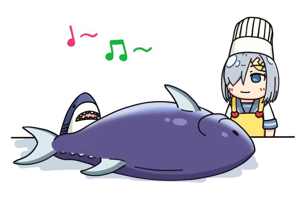 1girl beamed_eighth_notes blue_eyes chef_hat commentary fish grey_sailor_collar hair_ornament hair_over_one_eye hairclip hama!_(3toshinhmkz) hamakaze_(kancolle) hat kantai_collection musical_note no_nose quarter_note sailor_collar school_uniform serafuku short_hair silver_hair simple_background solo stuffed_animal stuffed_shark stuffed_toy toque_blanche tuna white_background