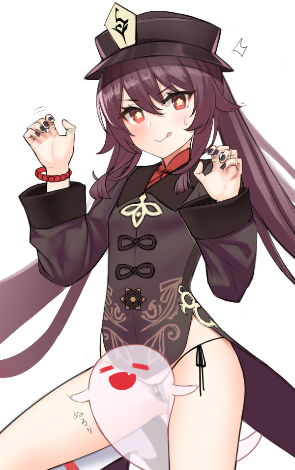 1girl bangs black_coat black_headwear blush breasts brown_hair claw_pose coat coattails flower genshin_impact ghost hat hat_flower hu_tao_(genshin_impact) kanzaki_muyu licking_lips long_hair long_sleeves looking_at_viewer plum_blossoms red_eyes small_breasts smile symbol-shaped_pupils thong tongue tongue_out twintails very_long_hair