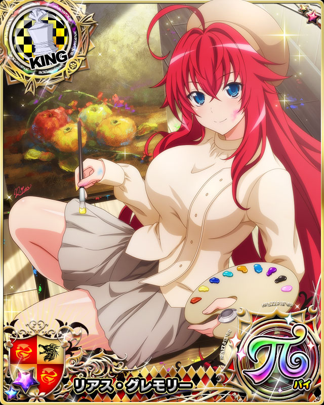 1girl ahoge blue_eyes breasts card_(medium) chess_piece eyebrows_visible_through_hair hair_between_eyes hat high_school_dxd high_school_dxd_pi king_(chess) large_breasts long_hair long_sleeves looking_at_viewer official_art paint paintbrush painting_(object) palette_(object) red_hair rias_gremory sitting skirt smile solo very_long_hair