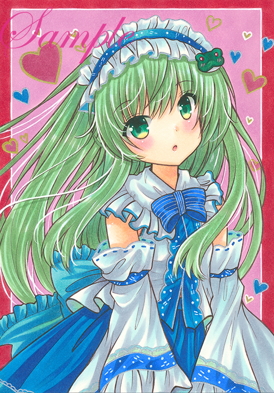 1girl :o back_bow bangs bare_shoulders blue_bow blue_bowtie blue_hairband blue_ribbon blue_skirt bow bowtie cowboy_shot detached_sleeves eyebrows_visible_through_hair frilled_bow frilled_hairband frilled_shirt_collar frilled_sleeves frills green_eyes green_hair hairband head_tilt heart heart_background kochiya_sanae long_hair looking_at_viewer marker_(medium) open_mouth pink_background ribbon ribbon-trimmed_sleeves ribbon_trim rui_(sugar3) sample shirt skirt sleeve_ribbon sleeveless sleeveless_shirt solo touhou traditional_media white_shirt wide_sleeves