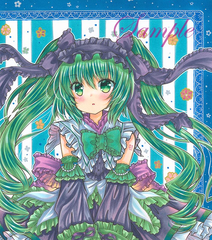 1girl :o back_bow bare_shoulders black_hairband black_skirt black_sleeves blush bow bowtie cowboy_shot detached_sleeves eyebrows_visible_through_hair floral_background frilled_bow frilled_hairband frilled_skirt frilled_sleeves frills green_bow green_bowtie green_eyes green_hair hair_between_eyes hairband hatsune_miku long_hair looking_at_viewer marker_(medium) open_mouth purple_bow rui_(sugar3) sample shirt skirt sleeveless sleeveless_shirt solo striped striped_background tattoo traditional_media vertical_stripes very_long_hair vocaloid white_shirt