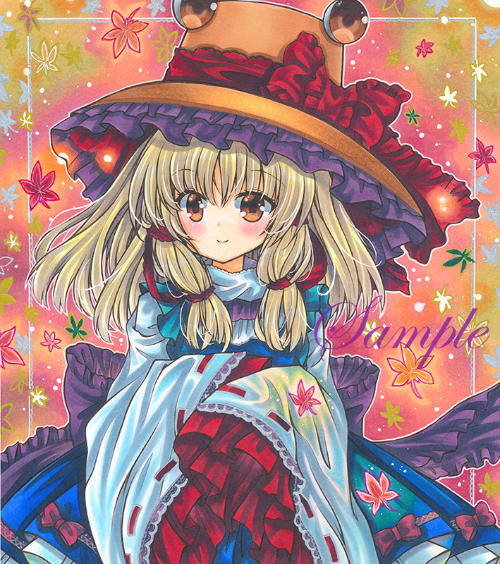 1girl autumn_leaves back_bow bangs blonde_hair blue_skirt blue_vest bow brown_eyes brown_headwear closed_mouth cowboy_shot eyebrows_visible_through_hair frilled_bow frilled_hat frilled_skirt frills hair_ribbon hat hat_ribbon leaf leaf_background looking_at_viewer marker_(medium) medium_hair moriya_suwako purple_bow red_ribbon ribbon ribbon-trimmed_sleeves ribbon_trim rui_(sugar3) sample shirt skirt sleeves_past_fingers sleeves_past_wrists smile solo touhou traditional_media turtleneck vest white_shirt wide_sleeves