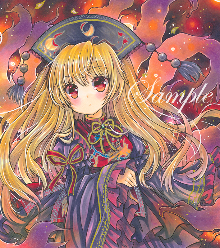 1girl bangs black_headwear blonde_hair chinese_clothes closed_mouth crescent eyebrows_visible_through_hair frilled_sleeves frilled_tabard frills green_brooch hair_between_eyes head_tilt juliet_sleeves junko_(touhou) long_hair long_sleeves looking_at_viewer marker_(medium) neck_ribbon orange_background phoenix_crown puffy_sleeves red_eyes red_ribbon red_tabard ribbon rui_(sugar3) sample sleeve_ribbon solo tabard touhou traditional_media very_long_hair wide_sleeves
