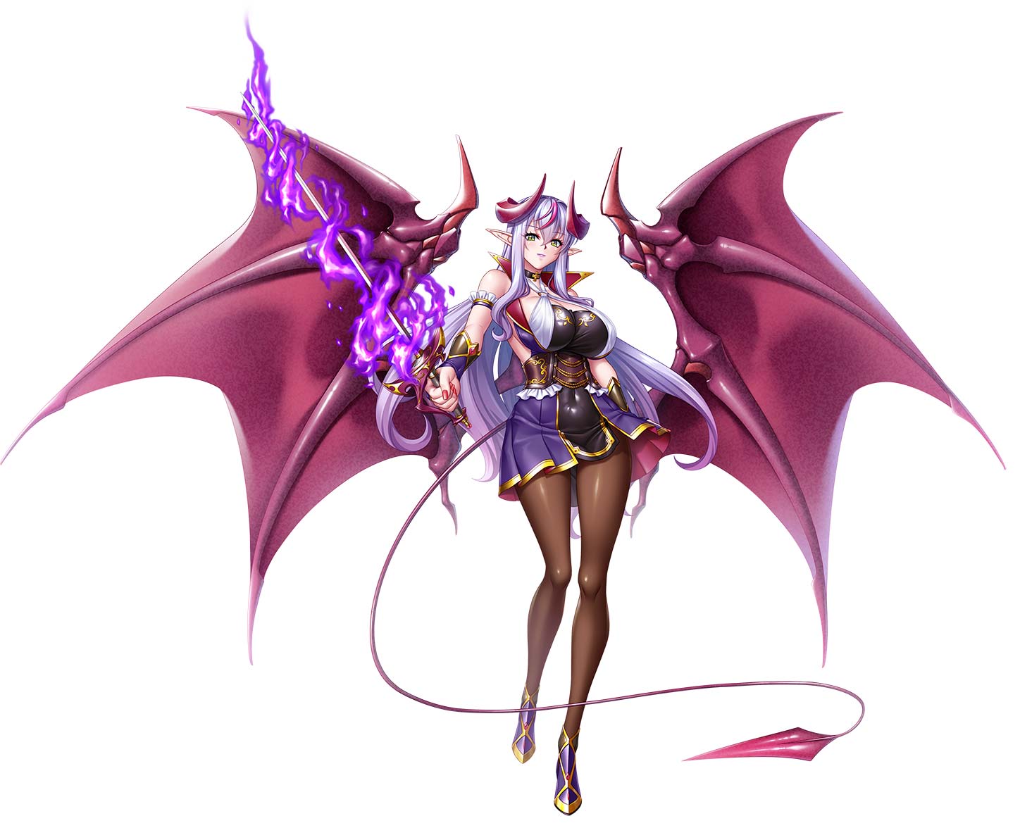 1girl bare_shoulders breasts choker demon_girl demon_tail demon_wings dress full_body large_breasts lilim_(taimanin_asagi_kessen_arena) lilith-soft long_hair pantyhose pleated_dress pointy_ears purple_dress sasayama_ittousai simple_background sleeveless sleeveless_dress sword tail taimanin_(series) taimanin_asagi_kessen_arena taimanin_rpgx very_long_hair weapon white_background white_hair wings