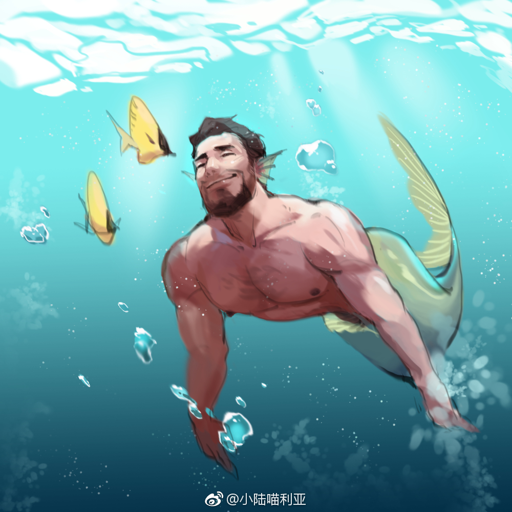 1boy bara beard chest_hair chinese_commentary chinese_text closed_eyes closed_mouth commentary_request completely_nude facial_hair fins fish full_body head_fins large_pectorals male_focus mature_male merman monster_boy muscular muscular_male nipples nude original pectorals short_hair smile solo sunlight underwater weibo_logo weibo_username xiaolumiaoliya