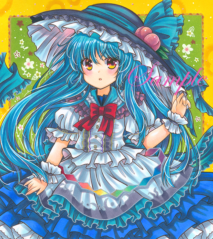 1girl :o adapted_costume apron bangs blue_hair blue_headwear blue_ribbon blue_skirt blush border bow bowtie buttons cowboy_shot dot_nose eyebrows_visible_through_hair floral_background flower food frilled_apron frilled_cuffs frilled_ribbon frilled_shirt frilled_shirt_collar frilled_skirt frills fruit fruit_hat_ornament green_background hand_on_headwear hand_up hat hat_ribbon hinanawi_tenshi lace-trimmed_shirt lace_trim layered_skirt long_hair looking_at_viewer marker_(medium) outside_border peach puffy_short_sleeves puffy_sleeves rainbow_gradient red_bow red_bowtie red_eyes red_flower ribbon rui_(sugar3) sample shikishi shirt short_sleeves skirt solo standing touhou traditional_media waist_apron white_apron white_flower white_shirt wrist_cuffs yellow_border