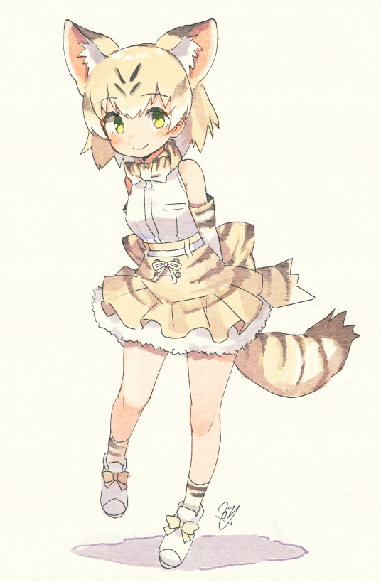 1girl animal_ear_fluff animal_ears animal_print ankle_socks arms_behind_back back_bow bangs bare_shoulders beige_background belt blonde_hair blush bow breast_pocket cat_ears cat_girl cat_tail contrapposto dot_nose elbow_gloves extra_ears eyebrows_visible_through_hair footwear_bow full_body gloves green_eyes hair_between_eyes hatagaya high-waist_skirt kemono_friends leg_up looking_at_viewer miniskirt mixed_media petticoat pleated_skirt pocket print_bow print_gloves print_legwear print_skirt sand_cat_(kemono_friends) sand_cat_print shirt shirt_tucked_in shoes short_hair signature simple_background skirt sleeveless sleeveless_shirt socks solo striped_tail tail tareme traditional_media white_belt white_footwear yellow_bow yellow_eyes