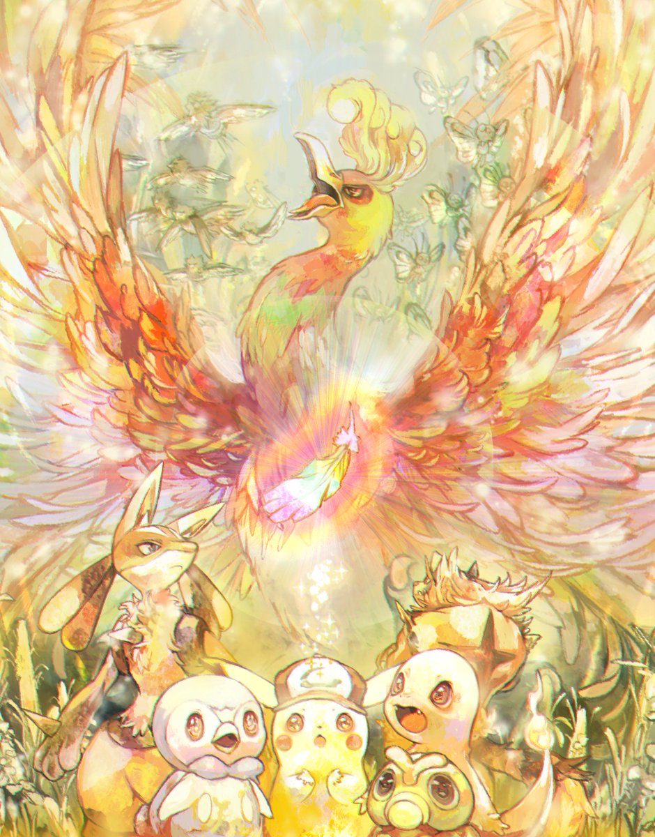 :o baseball_cap bird butterfree caterpie charmander commentary_request fangs hat hatted_pokemon highres ho-oh incineroar looking_up lucario mokunami open_mouth pikachu piplup pokemon pokemon_(creature) rainbow_wing_(pokemon) spearow tongue