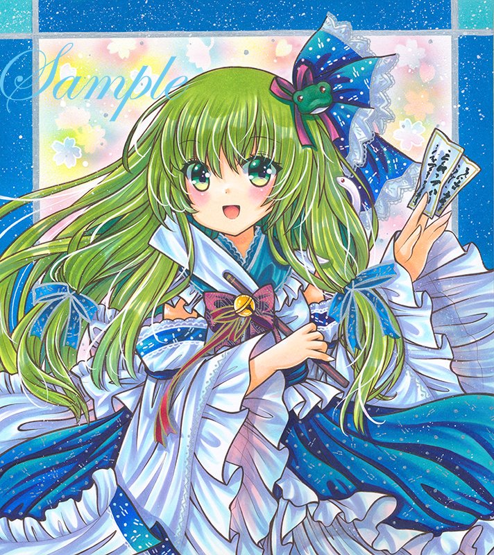 1girl :d bangs bell blue_border blue_bow blue_ribbon blue_skirt border bow cherry_blossoms cowboy_shot detached_sleeves dot_nose eyebrows_visible_through_hair floral_background frilled_shirt frilled_shirt_collar frilled_skirt frilled_sleeves frills frog_hair_ornament gohei green_eyes green_hair hair_bow hair_ornament hair_ribbon hand_up holding jingle_bell kochiya_sanae lace-trimmed_bow lace-trimmed_sleeves lace_trim light_blush long_hair long_sleeves looking_at_viewer marker_(medium) ofuda open_mouth outside_border pink_ribbon red_ribbon ribbon rui_(sugar3) sample shirt skirt sleeveless sleeveless_shirt smile snake_hair_ornament solo standing touhou traditional_media tress_ribbon white_shirt white_sleeves wide_sleeves