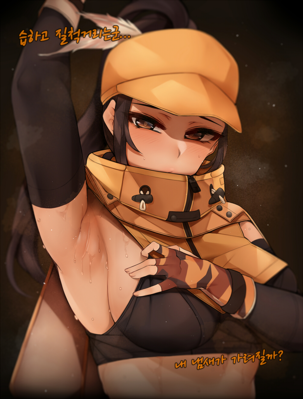 1girl arm_up armpits bababababan black_survival blush breasts brown_eyes cape clothes_pull commentary_request crop_top detached_sleeves eternal_return:_black_survival fingerless_gloves gloves hat hat_feather high_ponytail highres impossible_clothes impossible_shirt korean_commentary korean_text large_breasts long_hair looking_at_viewer midriff nadine_chandrawinata orange_headwear shirt shirt_pull sideboob solo sweat upper_body