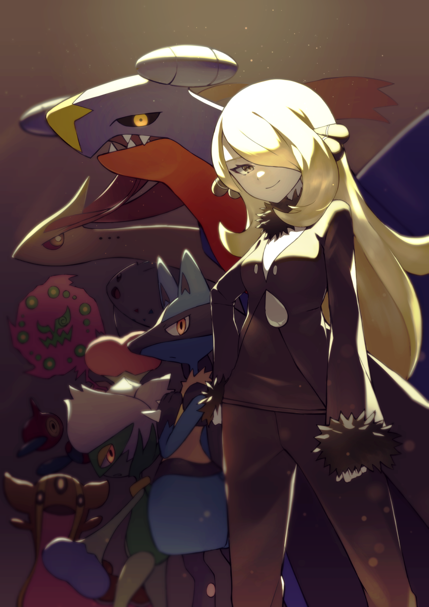 1girl black_coat black_pants black_shirt blonde_hair closed_mouth coat commentary_request cynthia_(pokemon) eyelashes fur-trimmed_coat fur_trim garchomp gastrodon gastrodon_(west) hair_ornament hair_over_one_eye highres long_hair long_sleeves looking_at_viewer lucario milotic pants pokemon pokemon_(creature) pokemon_(game) pokemon_dppt rindoriko roserade shirt smile spiritomb standing yellow_eyes