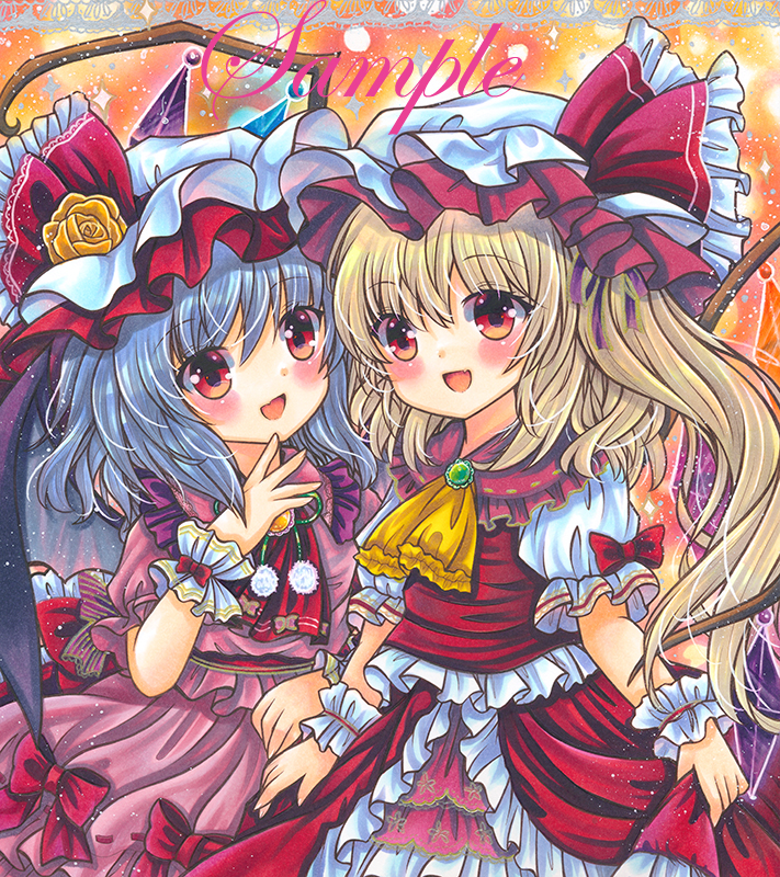 2girls :d ascot bat_wings black_wings blonde_hair brooch commentary_request crystal eyebrows_visible_through_hair fang flandre_scarlet flower frilled_ascot frilled_hat frilled_ribbon frilled_shirt frilled_shirt_collar frilled_skirt frills green_brooch hair_ribbon hat hat_ribbon head_tilt heads_together jewelry long_hair looking_at_viewer marker_(medium) medium_hair mob_cap multiple_girls open_mouth orange_background pink_shirt pink_skirt puffy_short_sleeves puffy_sleeves purple_ribbon red_ascot red_eyes red_ribbon red_skirt red_vest remilia_scarlet ribbon ribbon-trimmed_skirt ribbon_trim rose rui_(sugar3) sample shirt short_sleeves siblings side_ponytail silver_hair sisters skin_fang skirt skirt_set smile touhou traditional_media vest white_headwear white_shirt wings wrist_cuffs yellow_ascot yellow_brooch yellow_flower yellow_rose