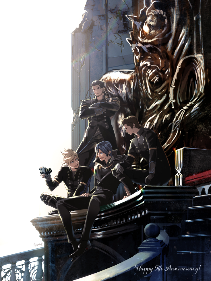 4boys anniversary beard black_hair blonde_hair brown_hair cape commentary english_commentary facial_hair final_fantasy final_fantasy_xv formal gladiolus_amicitia gloves hinoe_(dd_works) ignis_scientia kingsglaive_garb looking_at_another male_focus md5_mismatch multiple_boys noctis_lucis_caelum prompto_argentum sitting smile spiked_hair stairs standing statue