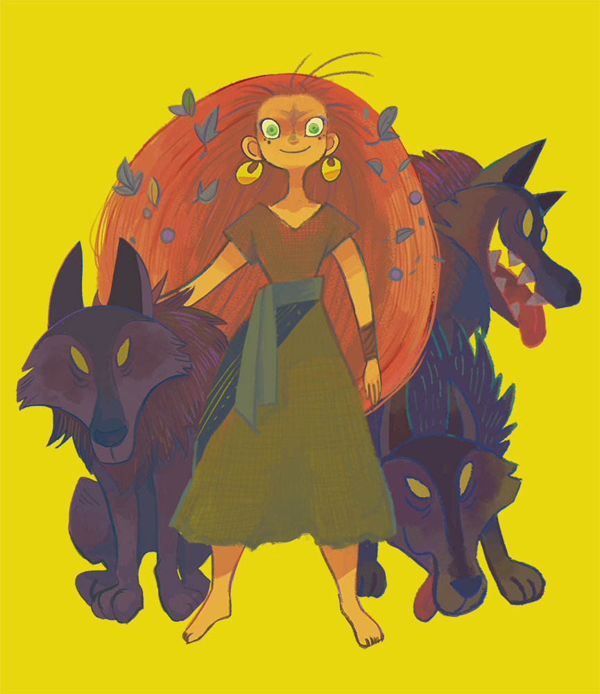 1girl barefoot dress earrings facial_mark green_eyes jewelry katou_(osoraku) leaf long_hair mebh_og_mactire red_hair smile tongue tongue_out very_long_hair wolf wolfwalkers yellow_background yellow_eyes