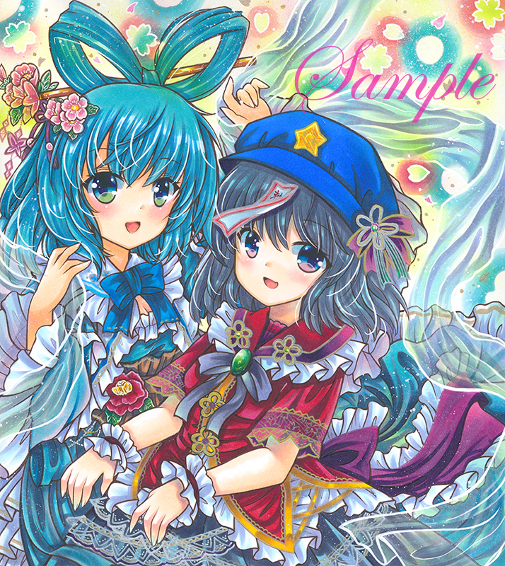 2girls :d back_bow black_skirt blue_bow blue_bowtie blue_dress blue_hair blue_headwear bow bowtie cabbie_hat camellia chinese_clothes commentary_request cowboy_shot dress fang floral_background flower frilled_bow frilled_dress frilled_shirt_collar frilled_sleeves frills grey_hair hagoromo hair_flower hair_ornament hair_ribbon hair_rings hair_stick hat hat_ribbon kaku_seiga long_sleeves looking_at_viewer marker_(medium) medium_hair miyako_yoshika multiple_girls ofuda_on_head open_mouth outstretched_arms pink_flower purple_bow purple_ribbon red_flower ribbon rui_(sugar3) sample shawl short_sleeves skin_fang skirt smile star_(symbol) tangzhuang touhou traditional_media wide_sleeves wrist_cuffs zombie_pose
