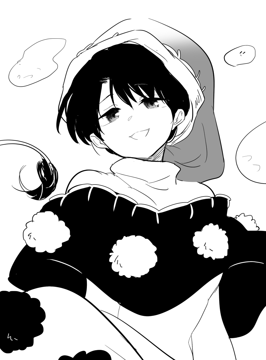 1girl bangs commentary_request doremy_sweet dream_soul greyscale hat highres looking_at_viewer monochrome nightcap open_mouth pom_pom_(clothes) shikushiku_(amamori_weekly) shirt short_hair simple_background smile solo tail tapir_tail touhou white_background white_shirt