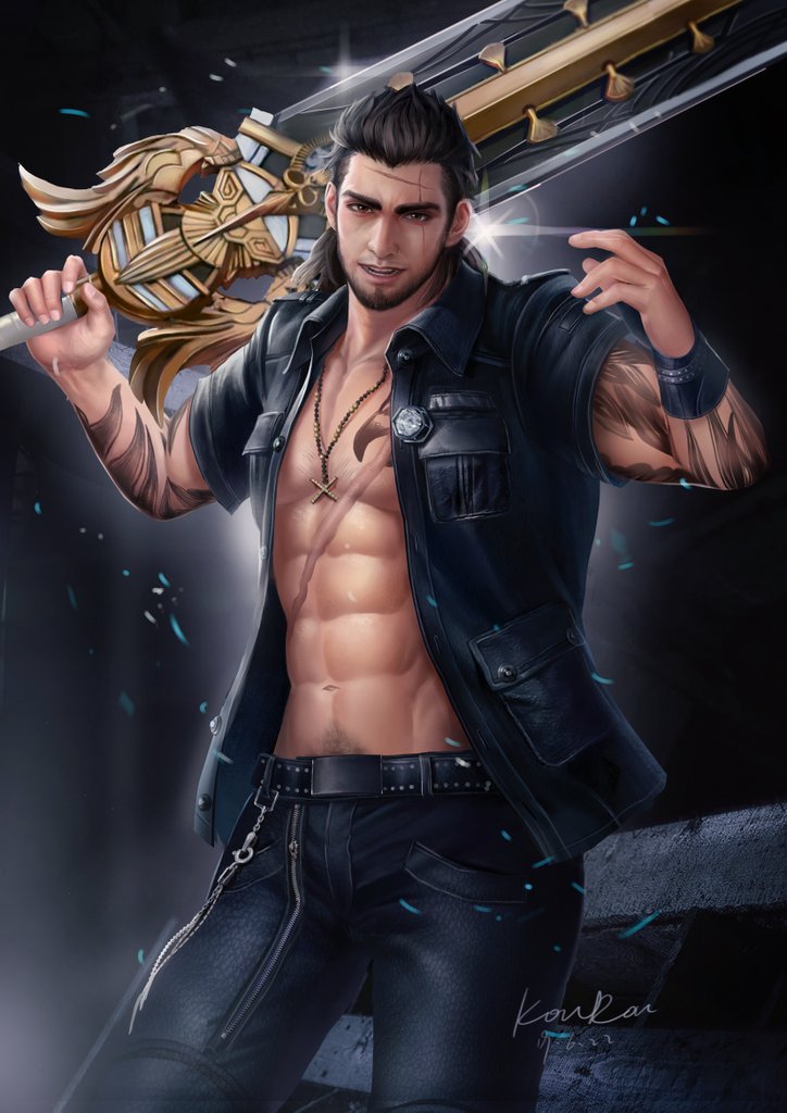 1boy abs anjingkuxiao bara beard cowboy_shot cross cross_necklace facial_hair final_fantasy final_fantasy_xv gladiolus_amicitia gloves jewelry leather leather_gloves leather_pants male_focus male_pubic_hair mature_male muscular muscular_male navel necklace open_clothes over_shoulder pants pectoral_cleavage pectorals pubic_hair scar scar_across_eye scar_on_face smile solo stomach stubble sword sword_over_shoulder tattoo weapon weapon_over_shoulder