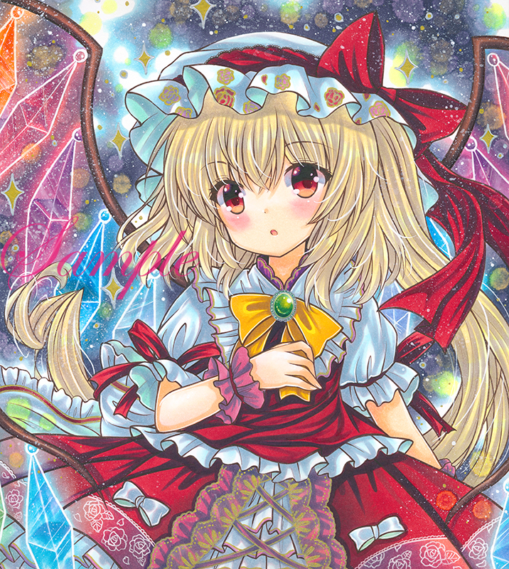1girl :o blonde_hair bow bowtie collared_shirt cowboy_shot crystal dark_background eyebrows_visible_through_hair flandre_scarlet frilled_shirt frilled_shirt_collar frills green_brooch hair_between_eyes hand_on_own_chest hat hat_ribbon head_tilt long_hair looking_at_viewer marker_(medium) mob_cap open_mouth print_headwear puffy_short_sleeves puffy_sleeves red_eyes red_ribbon red_skirt red_vest ribbon rui_(sugar3) sample shirt short_sleeves side_ponytail skirt skirt_set sleeve_ribbon solo touhou traditional_media vest white_headwear white_shirt wings wrist_cuffs yellow_bow yellow_bowtie