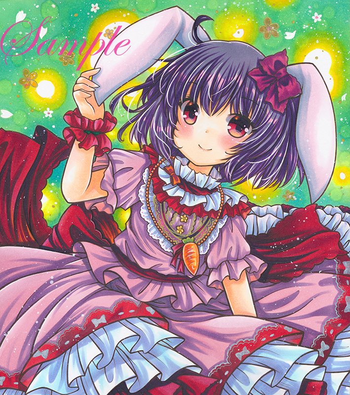 1girl adapted_costume ahoge animal_ears back_bow bow carrot_necklace closed_mouth cowboy_shot eyebrows_visible_through_hair floral_background frilled_bow frilled_shirt_collar frilled_skirt frills green_background holding_ear inaba_tewi looking_at_viewer marker_(medium) pink_shirt pink_skirt purple_hair rabbit_ears red_eyes rui_(sugar3) sample shirt short_hair skirt smile solo touhou traditional_media wrist_cuffs