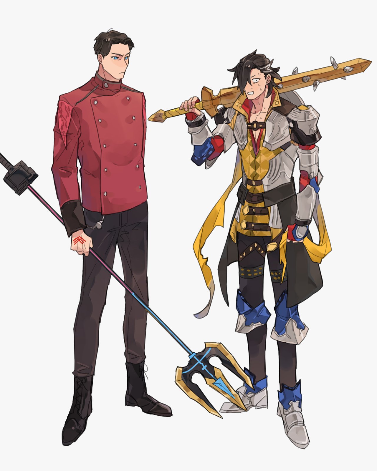 2boys armor bbbb_fex black_footwear black_hair black_pants blue_armor blue_eyes boots character_request checkered checkered_shirt crossover fate/grand_order fate_(series) fingerless_gloves gloves hair_over_one_eye highres holding holding_weapon kamen_rider kamen_rider_saber_(series) leg_armor mandricardo_(fate) multiple_boys mythology pants polearm popped_collar scared serious shindai_ryoga shirt shoulder_armor sweatdrop trait_connection trident weapon white_hair