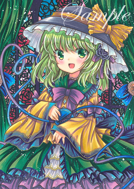 1girl :d black_headwear blouse blue_flower blue_rose blush bow bowtie cowboy_shot curtains eyebrows_visible_through_hair floral_background flower frilled_hat frilled_ribbon frilled_shirt_collar frilled_skirt frills green_curtains green_eyes green_hair green_skirt hat hat_ribbon heart heart_of_string holding komeiji_koishi long_sleeves looking_at_viewer marker_(medium) medium_hair open_mouth pink_flower pink_rose purple_bow purple_bowtie red_flower red_rose ribbon rose rui_(sugar3) sample skirt sleeves_past_wrists smile solo stained_glass third_eye touhou traditional_media wide_sleeves yellow_blouse yellow_ribbon