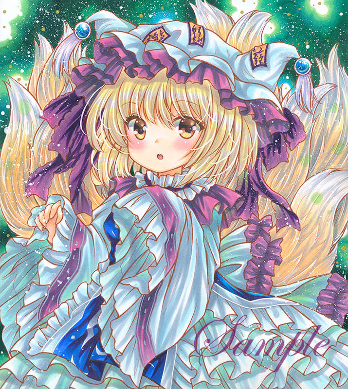1girl :o blonde_hair blue_tabard blush cowboy_shot dress eyebrows_visible_through_hair fox_tail frilled_hat frills green_background hat long_sleeves looking_at_viewer marker_(medium) medium_hair multiple_tails ofuda ofuda_on_clothes open_mouth pillow_hat rui_(sugar3) sample solo tail teeth touhou traditional_media upper_teeth white_dress white_headwear wide_sleeves yakumo_ran yellow_eyes