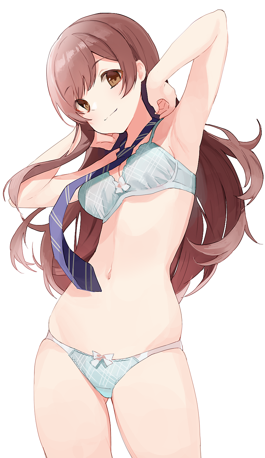 1girl aqua_bra aqua_panties armpits ass_visible_through_thighs bangs bra breasts brown_eyes brown_hair closed_mouth cowboy_shot eyebrows_visible_through_hair highres hiroki_(yyqw7151) idolmaster idolmaster_shiny_colors light_smile long_hair looking_at_viewer medium_breasts navel necktie oosaki_amana panties simple_background skindentation solo swept_bangs underwear underwear_only white_background