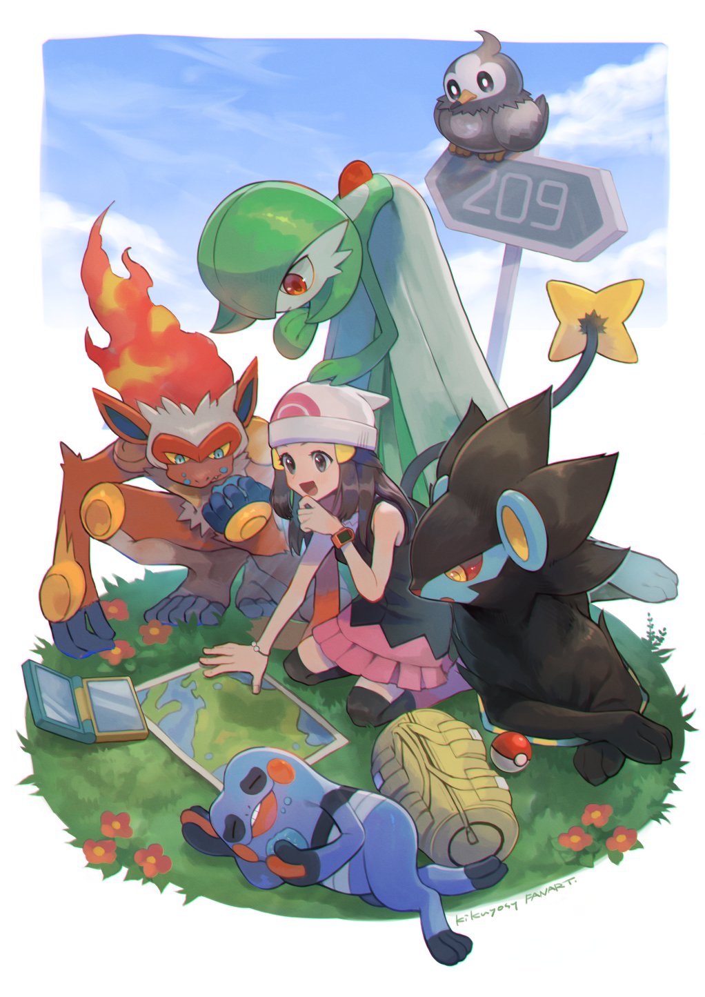 1girl :d bag bag_removed black_legwear black_shirt boots bracelet cloud commentary_request croagunk dawn_(pokemon) day duffel_bag flower gardevoir grass grey_eyes hair_ornament hairclip highres infernape jewelry kikuyoshi_(tracco) kneeling luxray map open_mouth outdoors over-kneehighs pink_footwear pink_skirt poke_ball poke_ball_(basic) pokemon pokemon_(creature) pokemon_(game) pokemon_dppt shiny shiny_hair shirt sinnoh_route_209 skirt sky sleeveless sleeveless_shirt smile starly thighhighs tongue