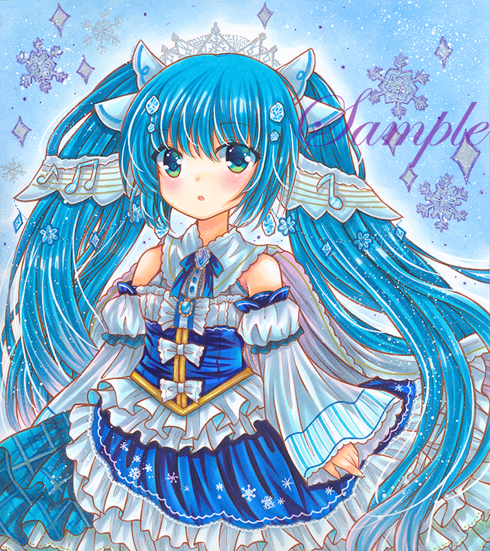 1girl :o bare_shoulders beamed_eighth_notes blue_background blue_brooch blue_eyes blue_hair blue_skirt blue_theme blush brooch cape cowboy_shot detached_sleeves eighth_note eyebrows_visible_through_hair frilled_skirt frills hatsune_miku jewelry long_hair looking_at_viewer marker_(medium) musical_note open_mouth print_skirt rui_(sugar3) sample shirt skirt sleeveless sleeveless_shirt snowflake_background snowflake_print solo staff_(music) tiara traditional_media very_long_hair vocaloid white_cape wide_sleeves yuki_miku yuki_miku_(2019)