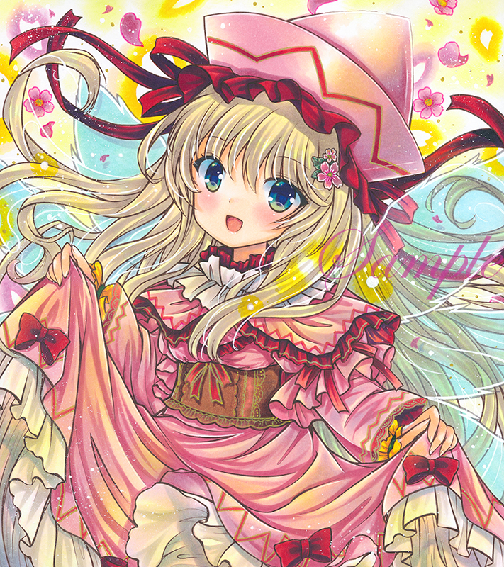 1girl :d blonde_hair blue_eyes brown_corset capelet cowboy_shot dress eyebrows_visible_through_hair fairy_wings floral_background flower frilled_dress frilled_hat frills hair_between_eyes hair_flower hair_ornament hat juliet_sleeves lily_white long_hair long_sleeves looking_at_viewer marker_(medium) open_mouth petals pink_capelet pink_dress pink_flower pink_headwear pink_theme puffy_sleeves red_ribbon ribbon rui_(sugar3) sample skirt_hold smile solo touhou traditional_media very_long_hair wings yellow_flower