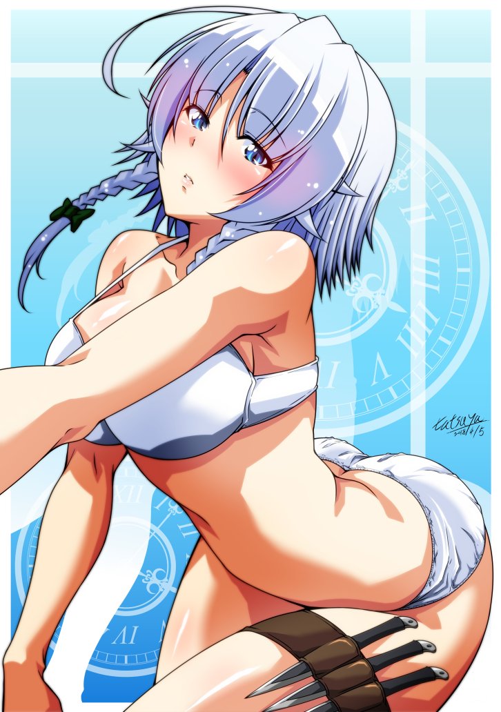1girl ahoge bangs bare_shoulders blue_background blue_eyes blush breasts cleavage clock clock_hands collarbone commentary_request eyebrows_visible_through_hair eyelashes frilled_swimsuit frills green_ribbon hair_ribbon head_tilt holster izayoi_sakuya knife large_breasts lips looking_at_viewer navel open_mouth ribbon roman_numeral shiny shiny_hair shiny_skin sidelocks silver_hair solo standing stomach swimsuit tatsuya_(guild_plus) thigh_holster thighs touhou tress_ribbon twintails white_swimsuit