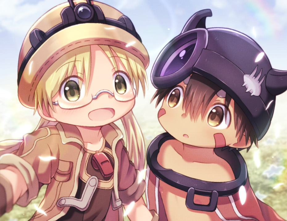 1boy 1girl blonde_hair brown_hair cape clant_st close-up commentary_request dark_skin eyebrows_visible_through_hair facial_mark glasses helmet looking_at_viewer made_in_abyss open_mouth regu_(made_in_abyss) riko_(made_in_abyss) short_hair smile twintails whistle whistle_around_neck yellow_eyes