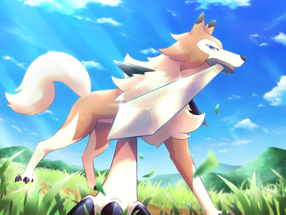 blue_eyes claws cloud commentary_request day from_below grass hill kemonobito leaves_in_wind lycanroc lycanroc_(midday) mouth_hold no_humans outdoors pokemon pokemon_(creature) sky solo standing sword weapon