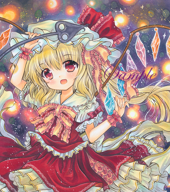 1girl :d arm_up blonde_hair bow bowtie cowboy_shot crystal dark_background eyebrows_visible_through_hair fang flandre_scarlet frilled_bowtie frilled_ribbon frilled_skirt frilled_vest frills hair_between_eyes hat hat_ribbon head_tilt holding holding_staff laevatein_(touhou) long_hair looking_at_viewer marker_(medium) mob_cap open_mouth pink_bow pink_bowtie puffy_short_sleeves puffy_sleeves rainbow_order red-framed_eyewear red_eyes red_ribbon red_skirt ribbon rui_(sugar3) sample shirt short_sleeves side_ponytail skin_fang skirt skirt_set smile solo staff touhou traditional_media white_headwear white_shirt wings wrist_cuffs