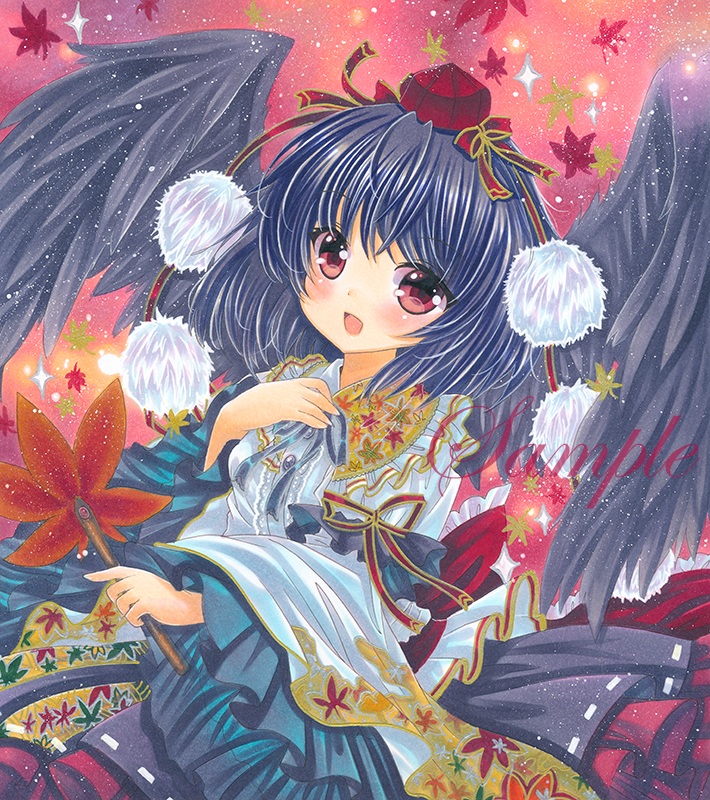 1girl :d back_bow black_hair black_ribbon black_skirt black_wings bow breasts collared_shirt cowboy_shot dress_shirt feathered_wings frilled_bow frilled_shirt_collar frilled_skirt frills hand_on_own_chest hat hat_ribbon hauchiwa head_tilt holding juliet_sleeves leaf leaf_background leaf_print long_sleeves marker_(medium) medium_hair necktie open_mouth pom_pom_(clothes) print_shirt puffy_sleeves red_bow red_headwear red_ribbon ribbon rui_(sugar3) sample shameimaru_aya shirt skirt sleeve_ribbon small_breasts smile solo tokin_hat touhou traditional_media white_shirt wings