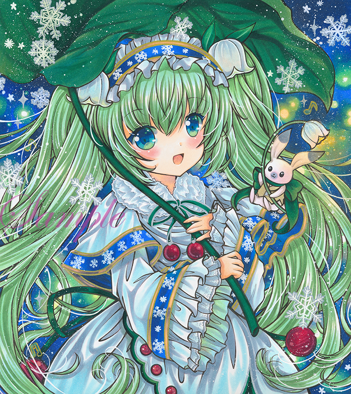 1girl :d blue_eyes blue_hairband capelet cherry commentary cowboy_shot eyebrows_visible_through_hair flower food frilled_hairband frilled_sleeves frills fruit green_hair green_ribbon hair_between_eyes hair_flower hair_ornament hairband hatsune_miku holding holding_umbrella leaf_umbrella long_hair long_sleeves looking_at_viewer marker_(medium) open_mouth print_capelet print_sleeves rabbit_yukine ribbon rui_(sugar3) sample shirt skirt smile snowbell_(flower) snowflake_print snowflakes solo traditional_media umbrella very_long_hair vocaloid white_capelet white_shirt white_skirt wide_sleeves yuki_miku yuki_miku_(2015)