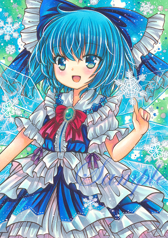 1girl :d adapted_costume ahoge blue_background blue_bow blue_brooch blue_eyes blue_hair blue_skirt blue_theme blue_vest bow bowtie cirno cowboy_shot eyebrows_visible_through_hair frilled_bow frilled_shirt_collar frills hair_between_eyes hair_bow index_finger_raised looking_at_viewer marker_(medium) open_mouth puffy_short_sleeves puffy_sleeves red_bow red_bowtie rui_(sugar3) sample shirt short_hair short_sleeves skirt skirt_set smile snowflake_print snowflakes solo touhou traditional_media vest white_shirt