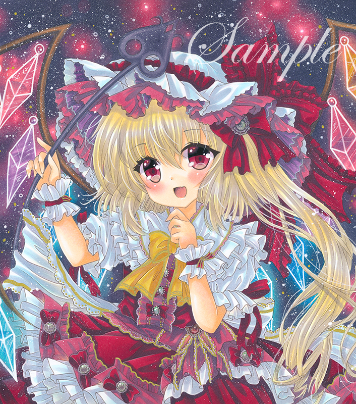 1girl :d bow bowtie brooch center_frills cowboy_shot crystal dark_background eyebrows_visible_through_hair fang flandre_scarlet frilled_ribbon frilled_shirt_collar frilled_skirt frills hair_between_eyes hat hat_ribbon holding holding_wand jewelry laevatein_(touhou) long_hair looking_at_viewer marker_(medium) mob_cap open_mouth puffy_short_sleeves puffy_sleeves red_eyes red_ribbon red_skirt ribbon rui_(sugar3) sample shirt short_sleeves side_ponytail skin_fang skirt skirt_set sleeve_ribbon smile solo touhou traditional_media wand white_headwear white_shirt white_wrist_cuffs wings wrist_cuffs yellow_bow yellow_bowtie