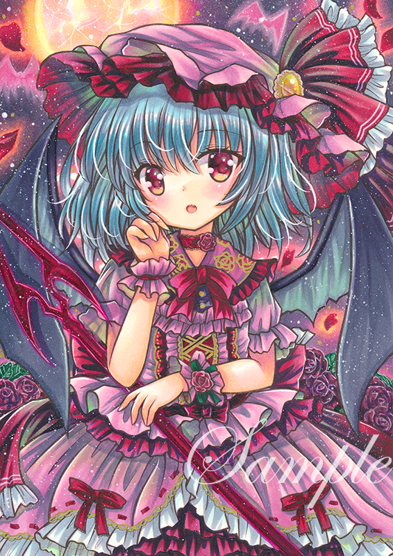 1girl :o bat_wings black_wings blue_hair bow brooch cowboy_shot eyebrows_visible_through_hair fang flower frilled_hat frilled_ribbon frilled_shirt frilled_shirt_collar frilled_skirt frills hair_between_eyes hand_on_own_cheek hand_on_own_face hat hat_ribbon holding holding_polearm holding_weapon jewelry looking_at_viewer marker_(medium) medium_hair mob_cap moon open_mouth outdoors petals pink_headwear pink_shirt pink_skirt polearm puffy_short_sleeves puffy_sleeves red_bow red_eyes red_flower red_ribbon red_rose remilia_scarlet ribbon rose rose_petals rui_(sugar3) sample shirt short_sleeves skirt solo spear_the_gungnir touhou traditional_media weapon wings wrist_cuffs yellow_brooch