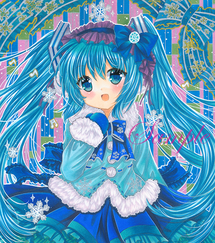 1girl :d aqua_jacket back_bow beamed_sixteenth_notes black_hairband blue_bow blue_bowtie blue_eyes blue_hair blue_mittens blue_skirt blue_theme bow bowtie commentary cowboy_shot eighth_note eyebrows_visible_through_hair frilled_bow frilled_hairband frilled_skirt frills fur-trimmed_jacket fur-trimmed_sleeves fur_trim hair_between_eyes hairband hatsune_miku head_tilt jacket long_hair looking_at_viewer marker_(medium) mittens musical_note open_mouth print_bow print_bowtie rui_(sugar3) sample skirt smile snowflake_print solo traditional_media twintails very_long_hair vocaloid yuki_miku yuki_miku_(2012)