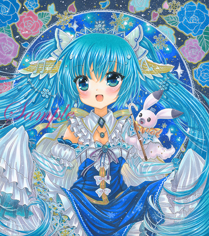 1girl :d beamed_eighth_notes blue_brooch blue_eyes blue_flower blue_hair blue_rose blue_skirt blue_theme brooch commentary cowboy_shot detached_sleeves eighth_note eyebrows_visible_through_hair floral_background flower frilled_shirt_collar frilled_skirt frills hair_between_eyes hatsune_miku jewelry looking_at_viewer marker_(medium) musical_note open_mouth petals purple_flower purple_ribbon purple_rose rabbit_yukine red_flower red_rose ribbon rose rose_background rose_petals rui_(sugar3) sample skirt smile snowflake_background solo staff_(music) striped_sleeves traditional_media vocaloid yuki_miku yuki_miku_(2019)