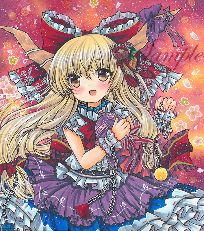 1girl :d back_bow belt black_belt blonde_hair blue_skirt bow bowtie brown_eyes chain cowboy_shot eyebrows_visible_through_hair fang floral_background floral_print flower frilled_bow frilled_skirt frills gourd hair_between_eyes hair_bow hair_flower hair_ornament holding horn_ornament horns ibuki_suika large_bow layered_skirt long_hair looking_at_viewer low-tied_long_hair marker_(medium) oni_horns open_mouth orange_background petals pink_flower pink_rose print_bow purple_skirt red_bow red_bowtie red_flower rose rui_(sugar3) sample shirt skin_fang skirt sleeveless sleeveless_shirt smile solo tassel touhou traditional_media white_shirt wrist_cuffs