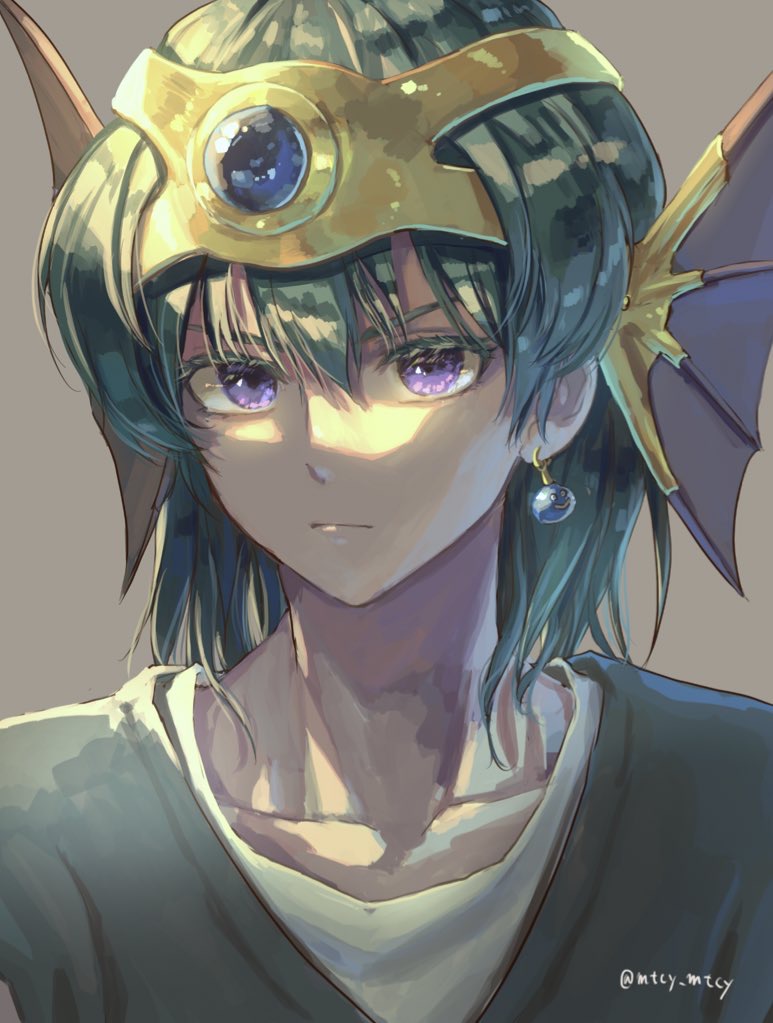1boy dragon_quest dragon_quest_iv eyelashes frown green_hair head_wings headpiece hero_(dq4) looking_at_viewer macho_ojiji male_focus medium_hair portrait purple_eyes serious simple_background slime_(creature) solo twitter_username