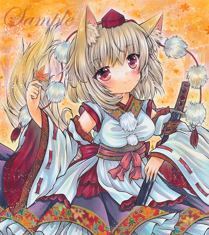 1girl animal_ear_fluff animal_ears autumn_leaves back_bow bow breasts corset detached_sleeves eyebrows_visible_through_hair frilled_skirt frills hat head_tilt holding holding_leaf inubashiri_momiji katana leaf leaf_print light_brown_hair looking_at_viewer marker_(medium) medium_breasts outdoors pom_pom_(clothes) print_corset print_skirt purple_skirt red_bow red_eyes red_headwear red_ribbon red_tassel ribbon ribbon-trimmed_sleeves ribbon_trim rui_(sugar3) sample sheath sheathed shirt skirt sleeveless sleeveless_shirt solo sword tail tassel tokin_hat touhou traditional_media tree weapon white_shirt wolf_ears wolf_tail