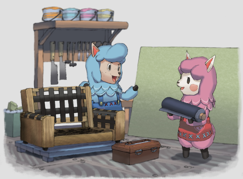 1boy 1girl :d alpaca_boy alpaca_ears alpaca_girl animal_crossing animal_ears animal_nose blue_fur blue_hair commentary_request couple cyrus_(animal_crossing) holding husband_and_wife lanbook looking_at_another object_request open_mouth pink_fur pink_hair reese_(animal_crossing) smile standing tongue toolbox